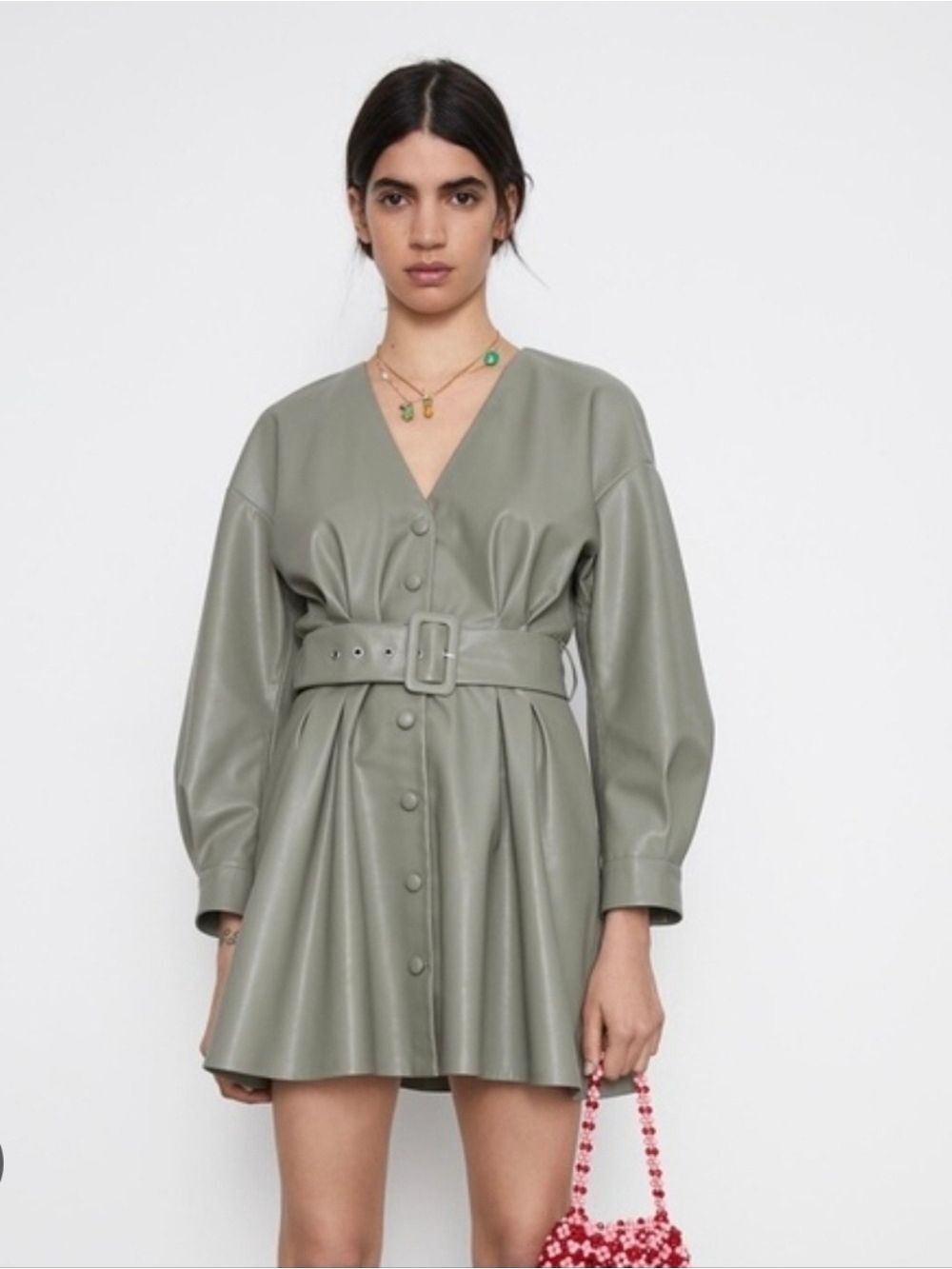 Zara Vegan Leather Belted Mini Dress in Sage Green/Light Khaki